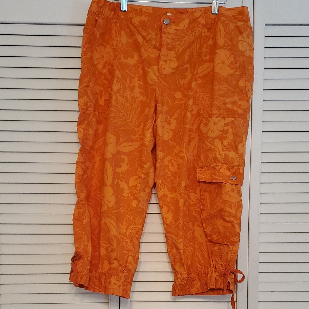 London Jeans Cargo Chinos Capris Pants Orange Floral, Size 14